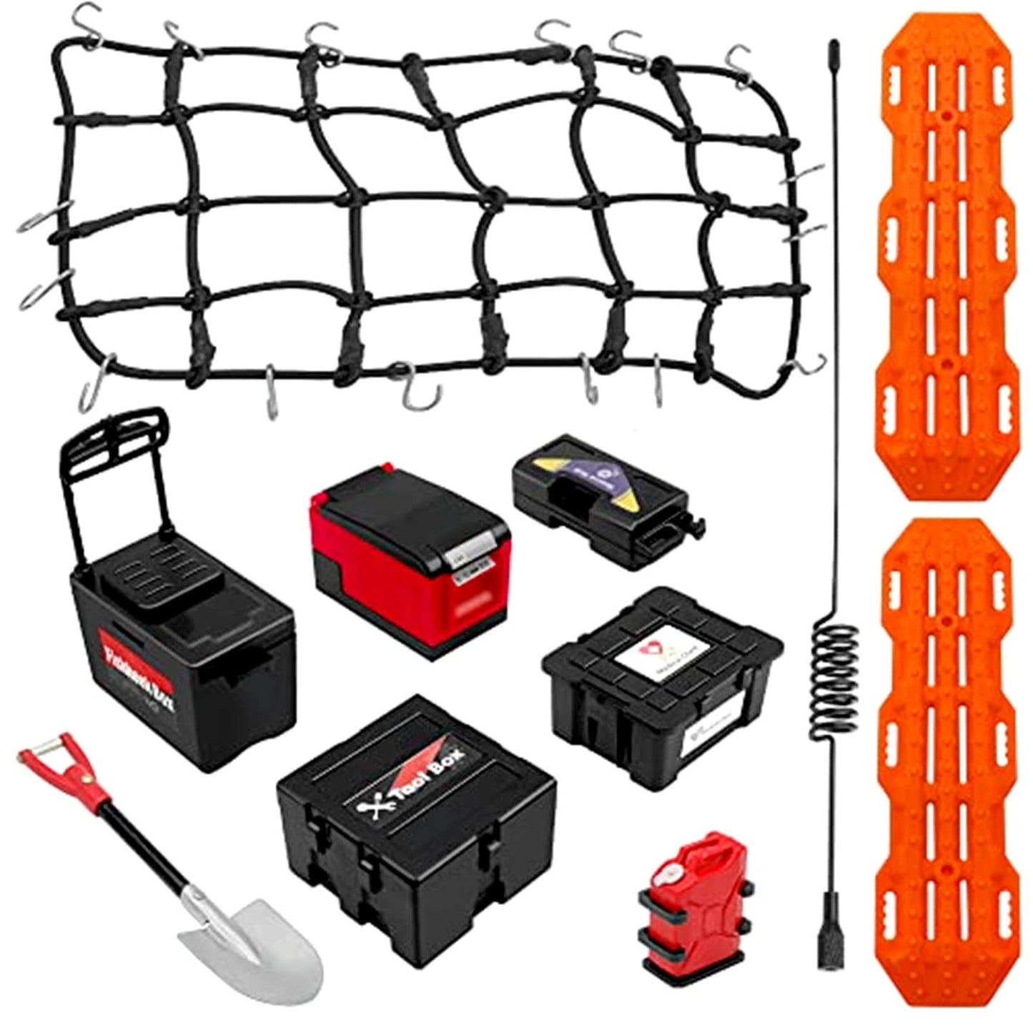 Globact 10Pcs Rc Crawler Accessories Roof Simulation Decoration Luggage Net/Fishing Box/Oil Drum/Shovel/Antennas/Recovery Board