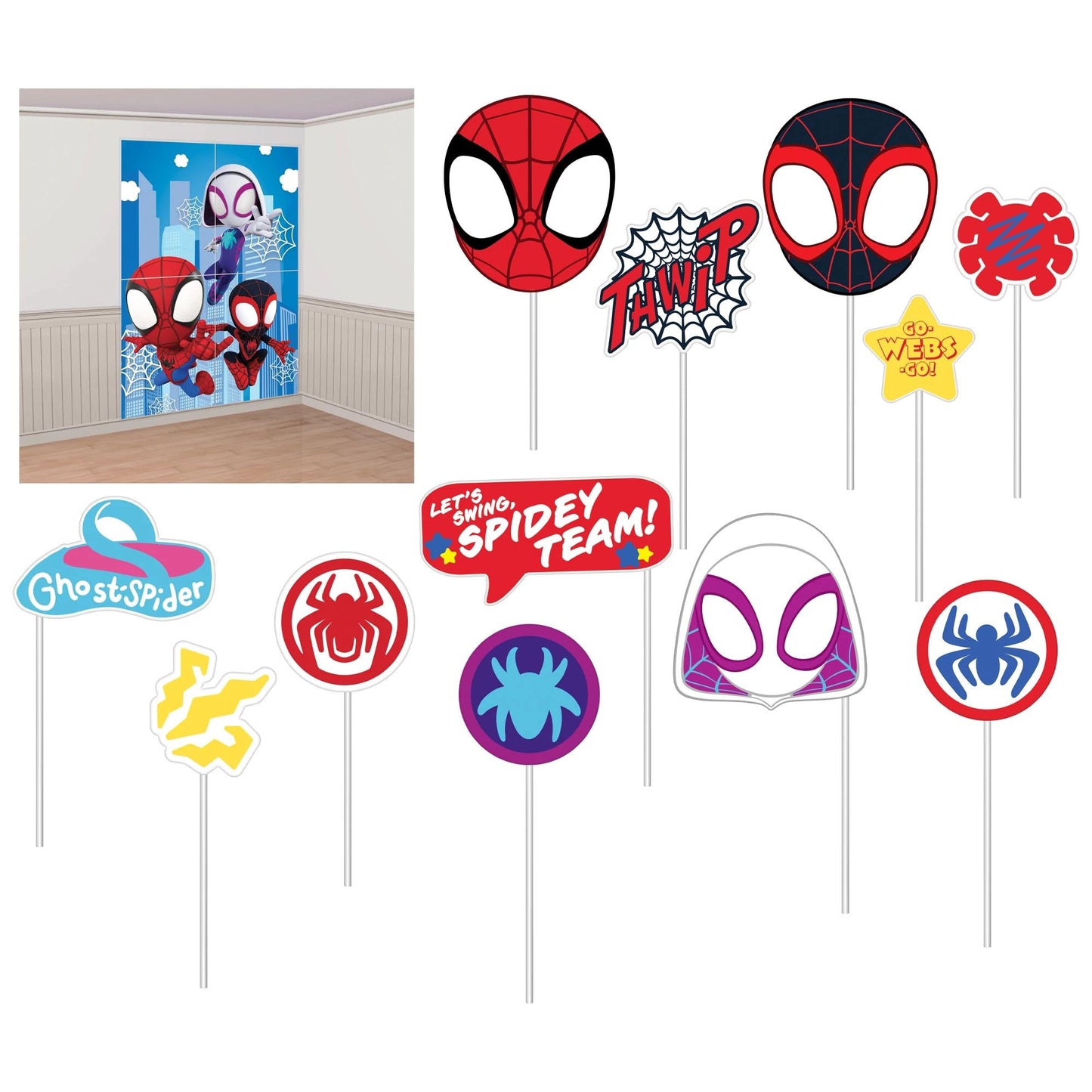 Party Scene Setter With Props - 40' X 27.5' | 1 Set Of 16 Pcs, Spidey & His Amazing Friends