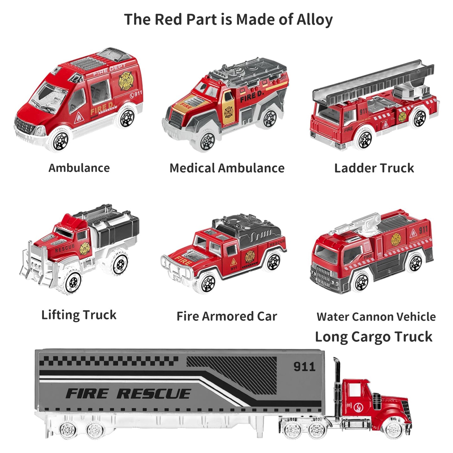 Temi Diecast Emergency Fire Rescue Vehicle Toy Set W/Play Mat, Truck Carrier,Ambulance, Alloy Metal Fighting Car For 3 4 5 6 Yea