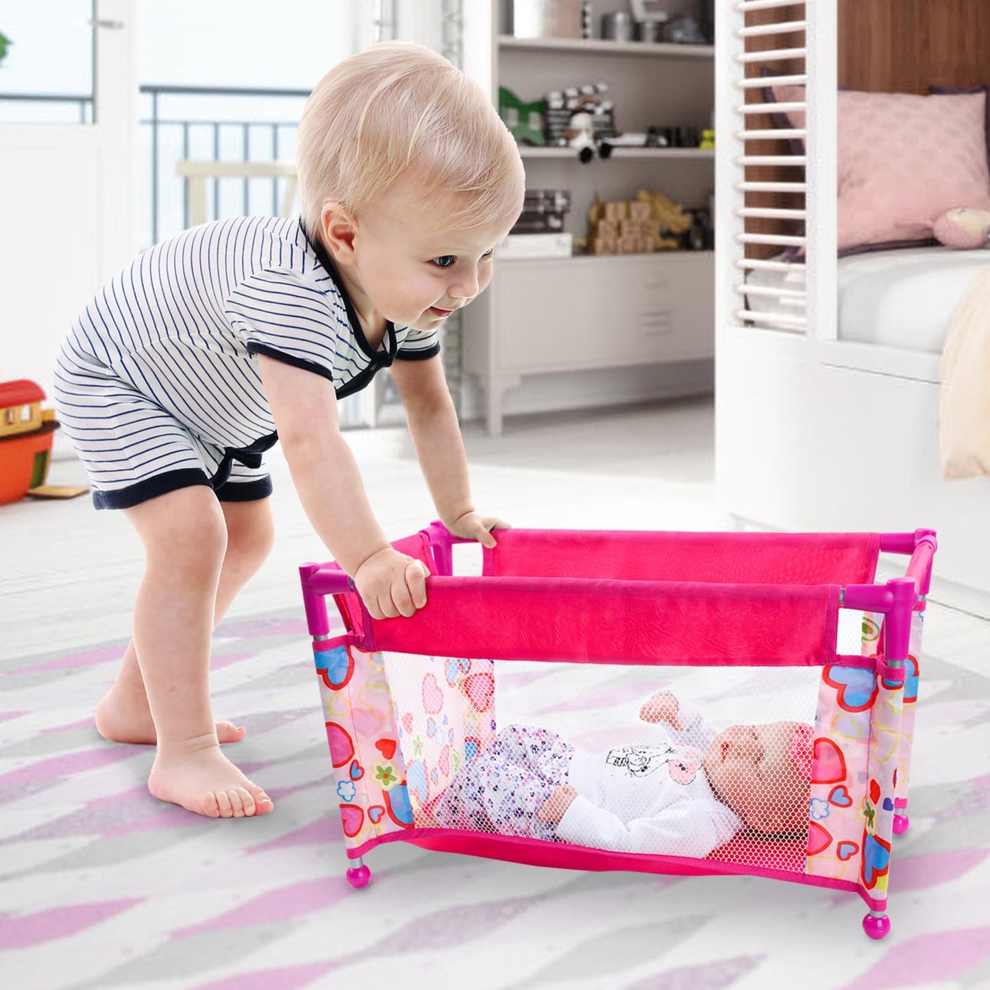 Babeside Baby Doll Crib, Baby Doll Bed For 17-21 Inch Dolls, Foldable Baby Doll Playpen Toy Crib, Reborn Baby Doll Accessories W