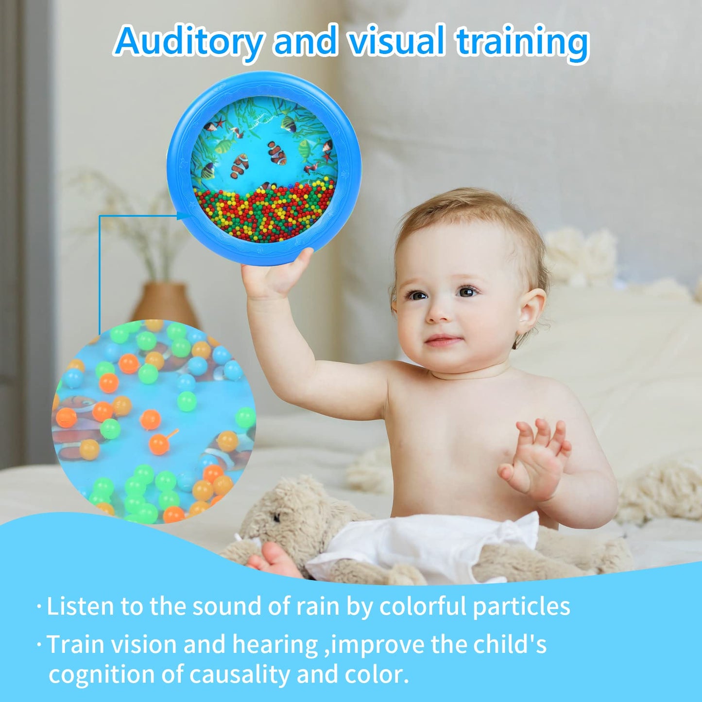 Musfunny Ocean Drum Wave Bead Drum Gentle Sea Sound Music Gift Musical Educational Sea Sound Drum Tool For Kid Child Baby (Blue)