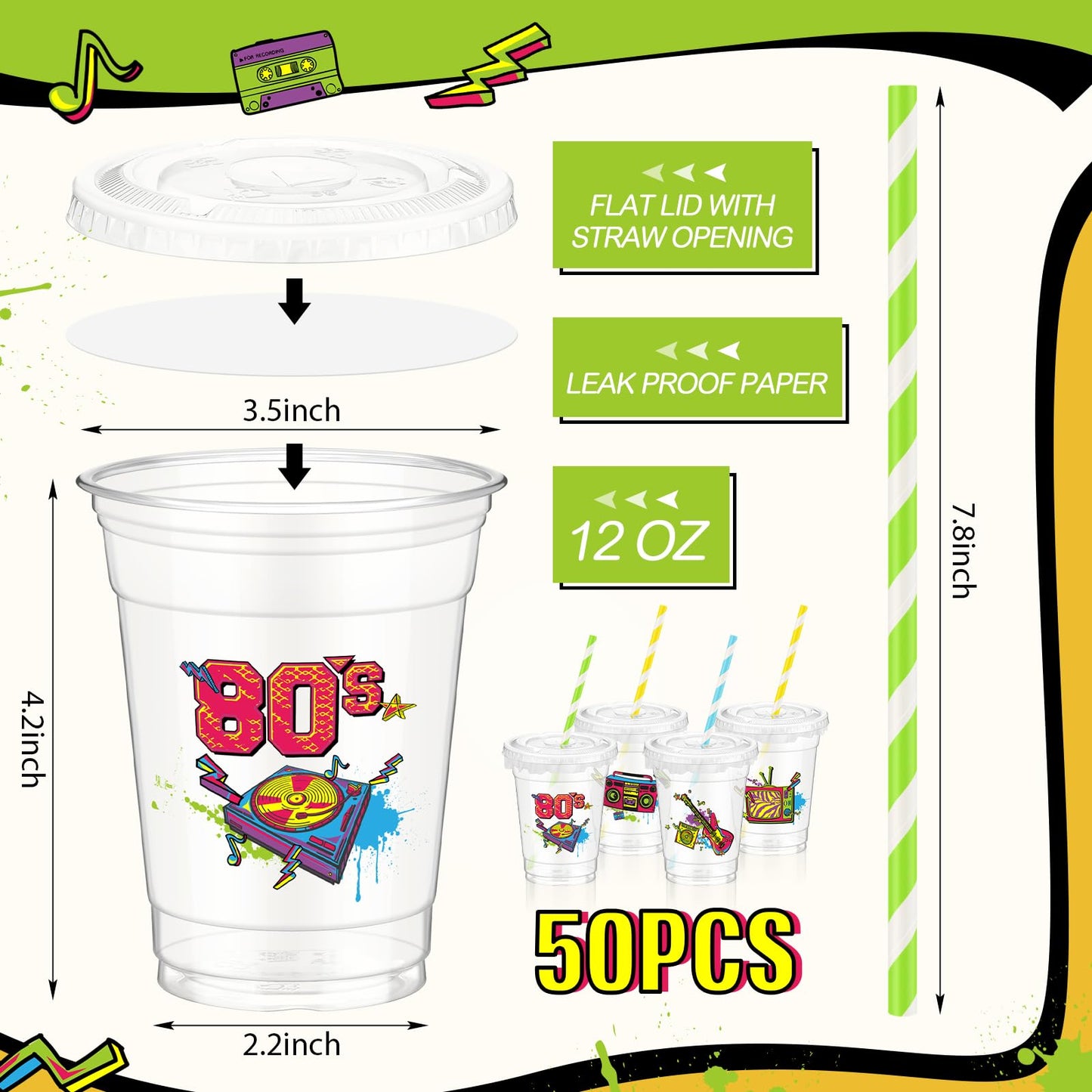 Foldtier 50 Pcs 80'S Party Cups Disposable Plastic Cup 12 Oz G Back To 80S Cups Thick 80S Theme Clear Cup Lids Straws Retro Musi