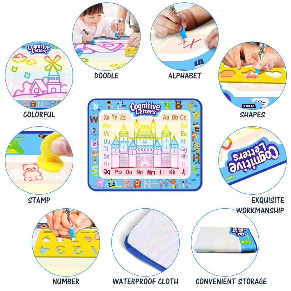 Jasonwell Aqua Water Doodle Mat 40 X 32 Inches Large Magic Drawing Doodling Mat Coloring Mat Educational Toys Christmas Birthday Gifts For Kids Toddler Boys Girls Age 2 3 4 5 6 7 8 Year Old (Alphabet)