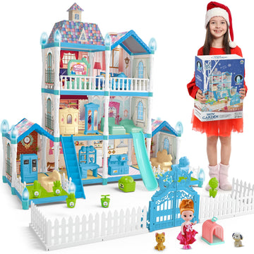 Blue Dolls Houses For Girls With Light, 1 Dolls, 2 Pets, 2 Floors - 8 Rooms, 215 Pcs Ice Dream Girls House Pretend Play Toy Set