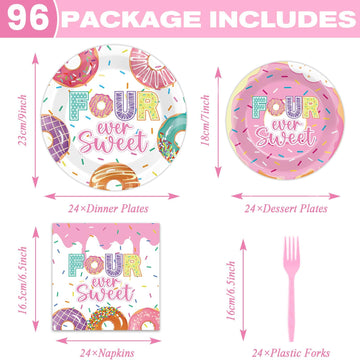 96 Pcs 4Th Birthday Donut Party Decoration For 24 Guests Four Sweet Donut Plates Napkins Donut Themed Tableware Set Table Supplies 4Th Birthday Pink Party Favor For Girls Kids Sweet Donut Party