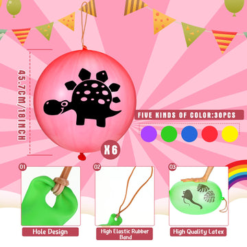 30 Pcs Dinosaur Valentine'S Day Punch Balloons For Kids 18 Inch Animal Pirate Skull Punching Balloon Punch Bounce Balls With Rubber Band For Valentines School Gift Exchange Birthday Party(Dinosaur)