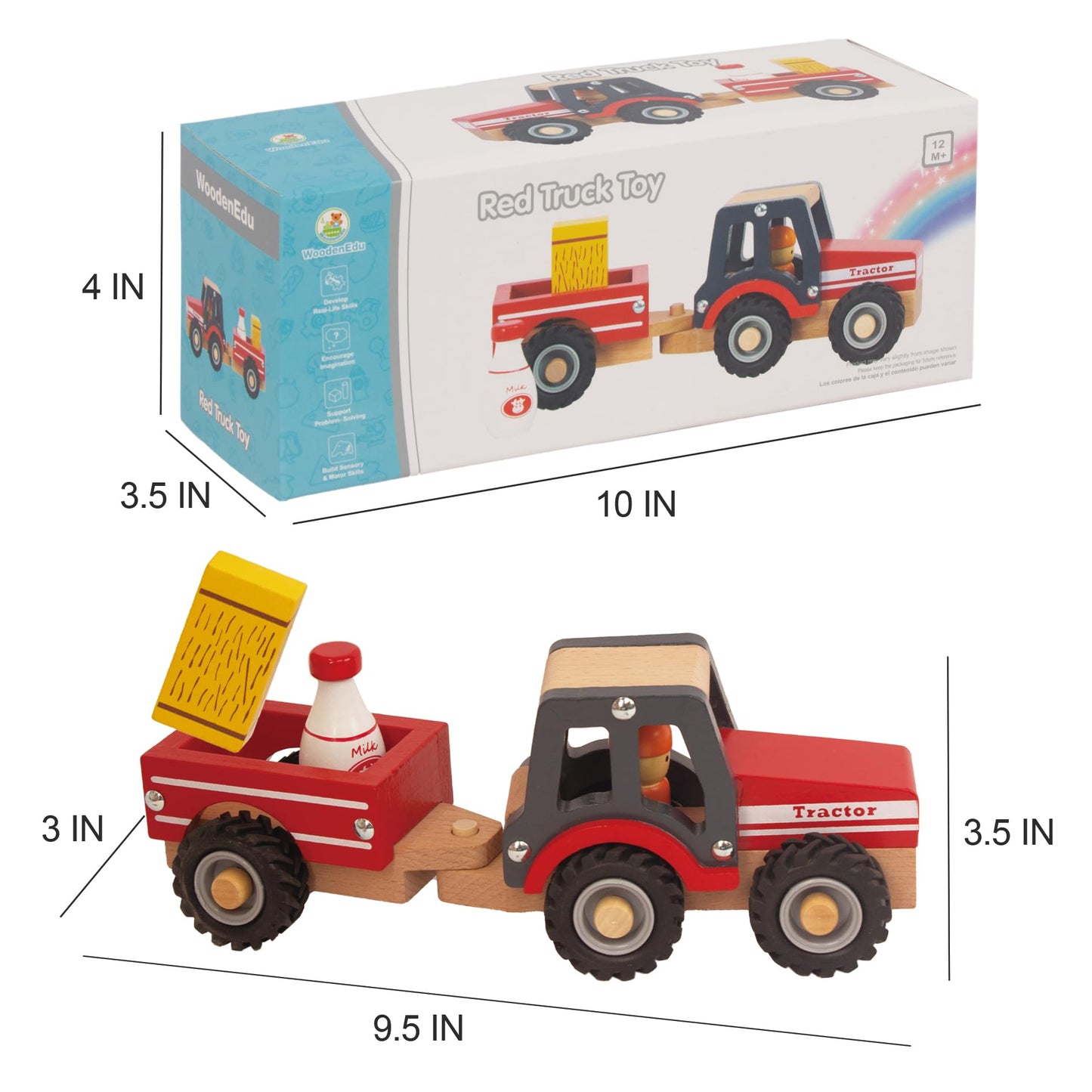 WoodenEdu Wooden Tractor Toy - Red Hand Push Car for Toddlers 1-3 Years, Baby Vehicle for Boys & Girls, Fun Educational Play.