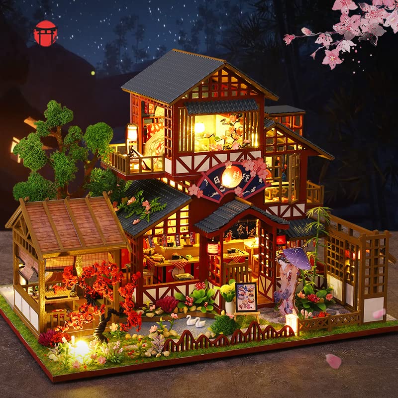GuDoQi DIY Miniature Dollhouse Kit 1:24 Scale Tiny House kit with Music Plant DIY Craft Kits Model Craft Kits for mature-themed to Build Great Handmade Craft Gift for Birthday Japanese Villa Courtyard