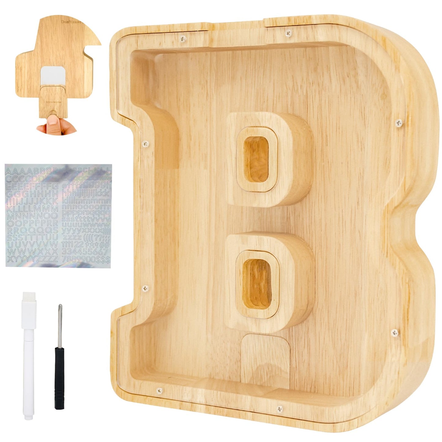 Bitreeworks Letter Piggy Bank, Personalized Wooden Coin Banks, Large Wood Money Peny Bank For Adults (9'', Alphabet B)