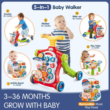 Baby Walker 5 In 1,Vatos Sit-To-Stand Learning Walker,Assemble As Scooter/Balance Bike/Push Walker/Activity Table/Detachable Pan