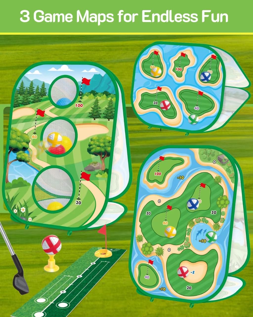 YSZZYSM 4-In-1 Kids Golf Games Set - Chipping Net, Putting Mat, Cornhole Board - Indoor/Outdoor - Blue - Model 7888-32 - 25.