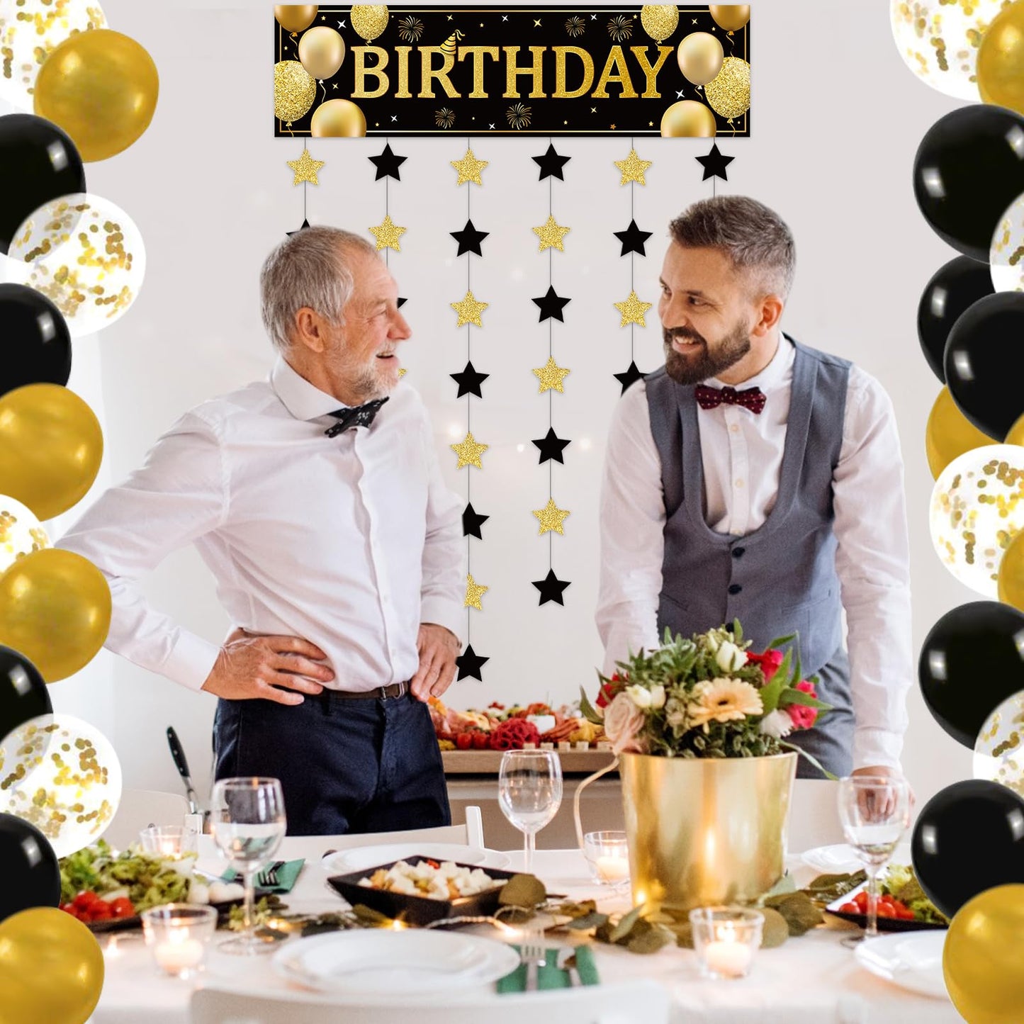 Blosssound Happy Birthday Door Decorations Golden Door Cover Banner Black and Gold Hanging Star Garland Porch Sign Backdrop Door
