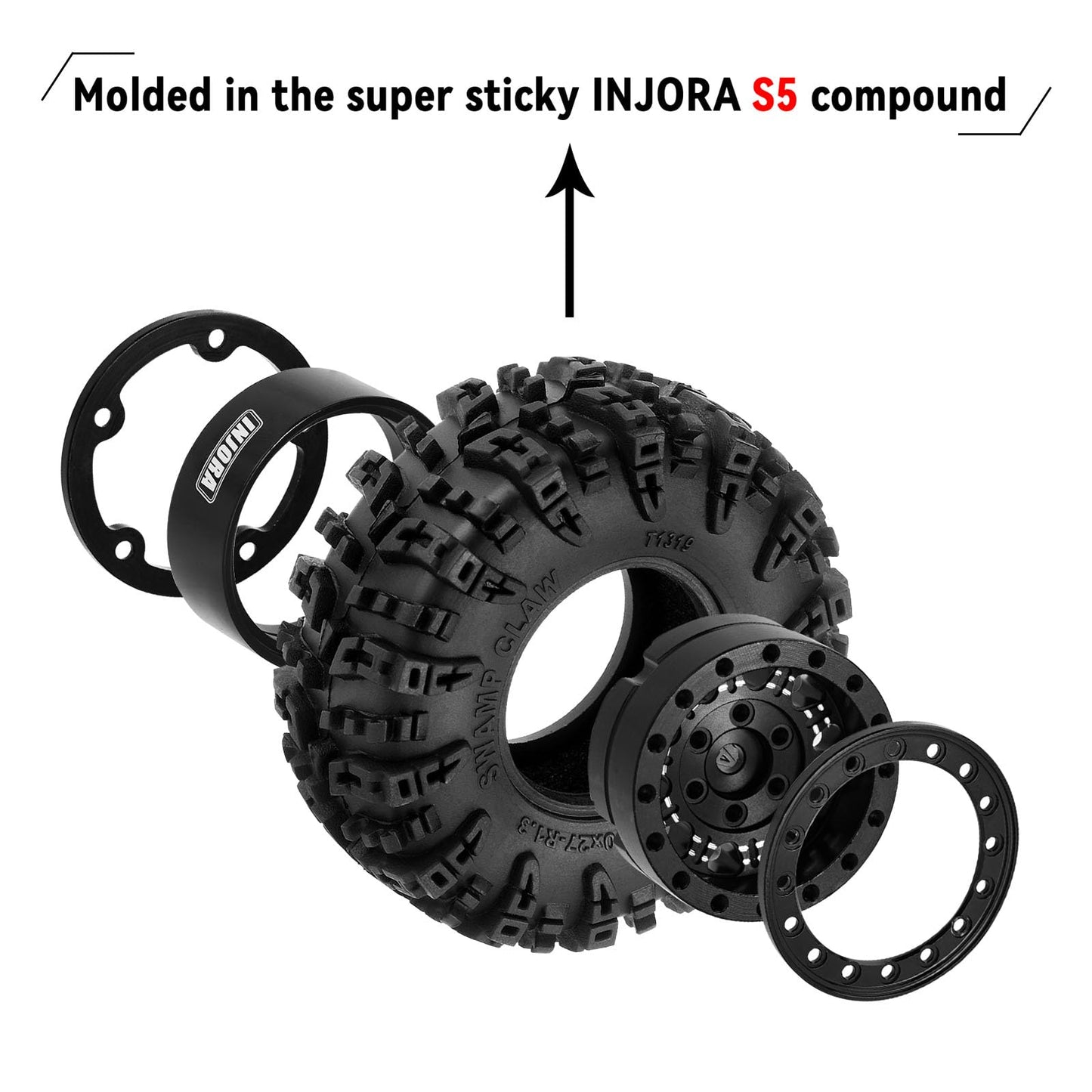 Injora 1.3'' Wheel Tires Set - S5 Swamp Claw Mud Terrain Tires And Aluminum Wheel For 1/18 1/24 Scx24 Trx4M Upgrade Rc Crawler C
