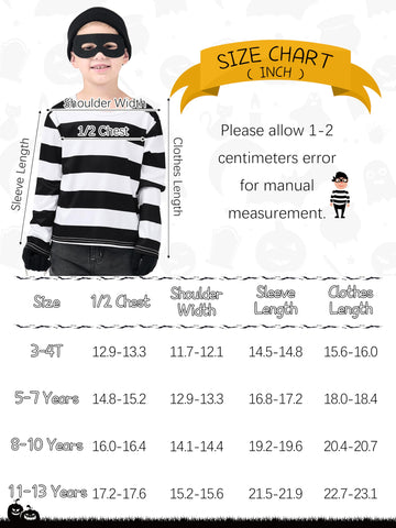 FancyFun 5 PCS Kids Halloween Costume Set Boys Robber Costume Cosplay Set Burglar Accessories Striped Shirt Beanie Cap Mask 5-7Y
