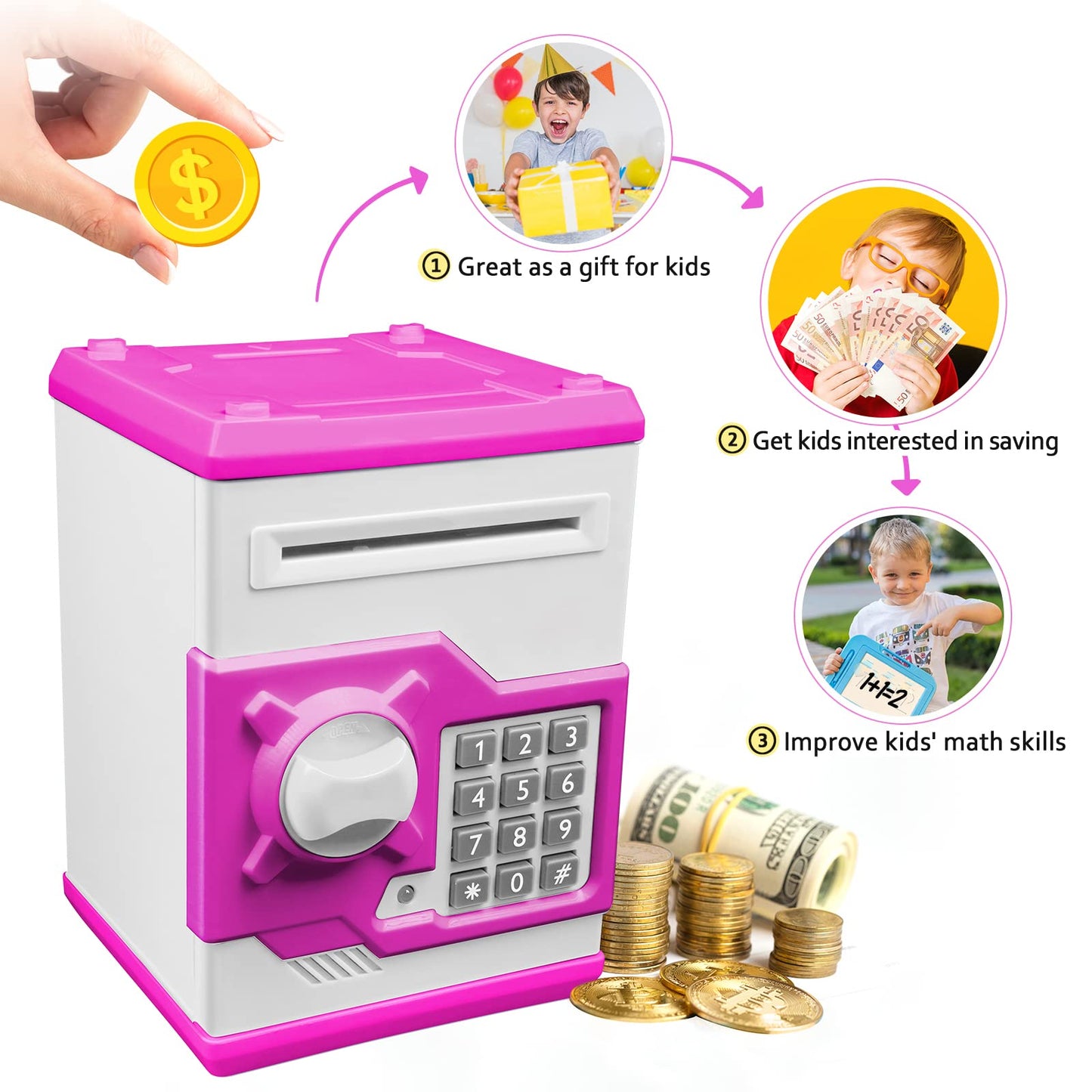 Atm Piggy Bank For Boys Girls, Vcertcpl Mini Atm Coin Bank Money Saving Box With Password, Kids Safe Money Jar For Adults With Auto Grab Bill Slot, Great Gift Toy Bank For Kids (Purple White)