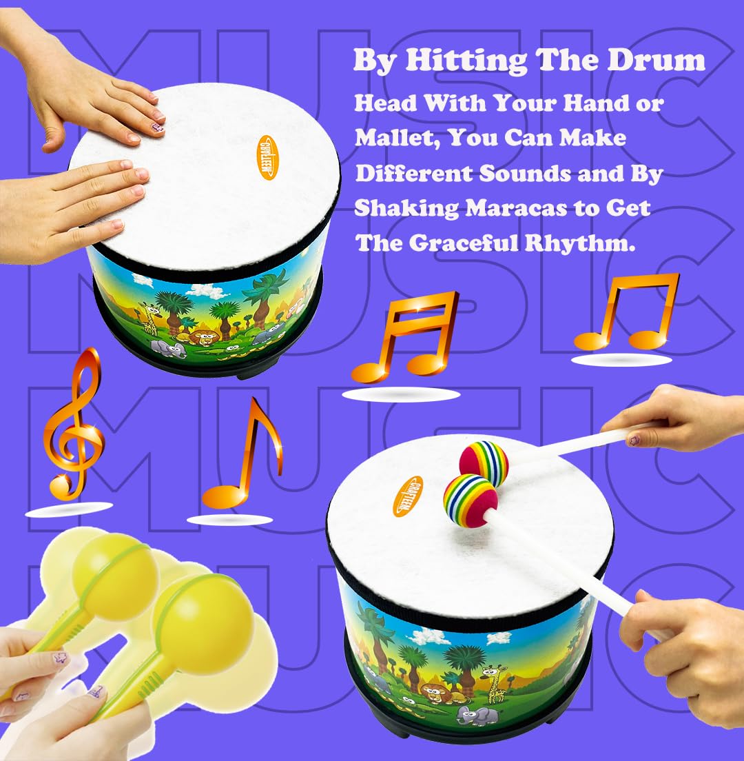 Crafteem Floor Tom Drum For Kids 8-Inch Percussion Instrument Music Drum With 2 Mallets And Color Maracas For Baby Children Spec