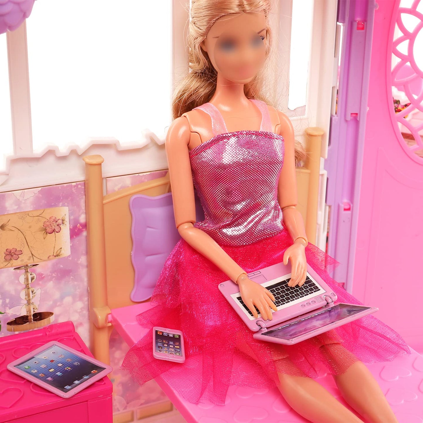 Miunana Doll Accessories And Dollhouse Set With Mini Computer Phone Headset Sunglasses Set Dollhouse 5 Pcs Kit Metal Dollhouse Computer Set
