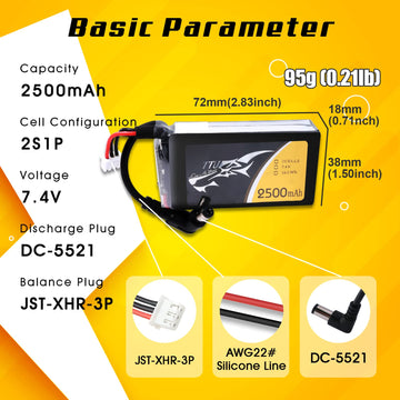 TATTU 2500mAh 2S 7.4v Fatshark Goggles Headset LiPo Battery Pack with DC5.5mm Plug and LED Power Indicator