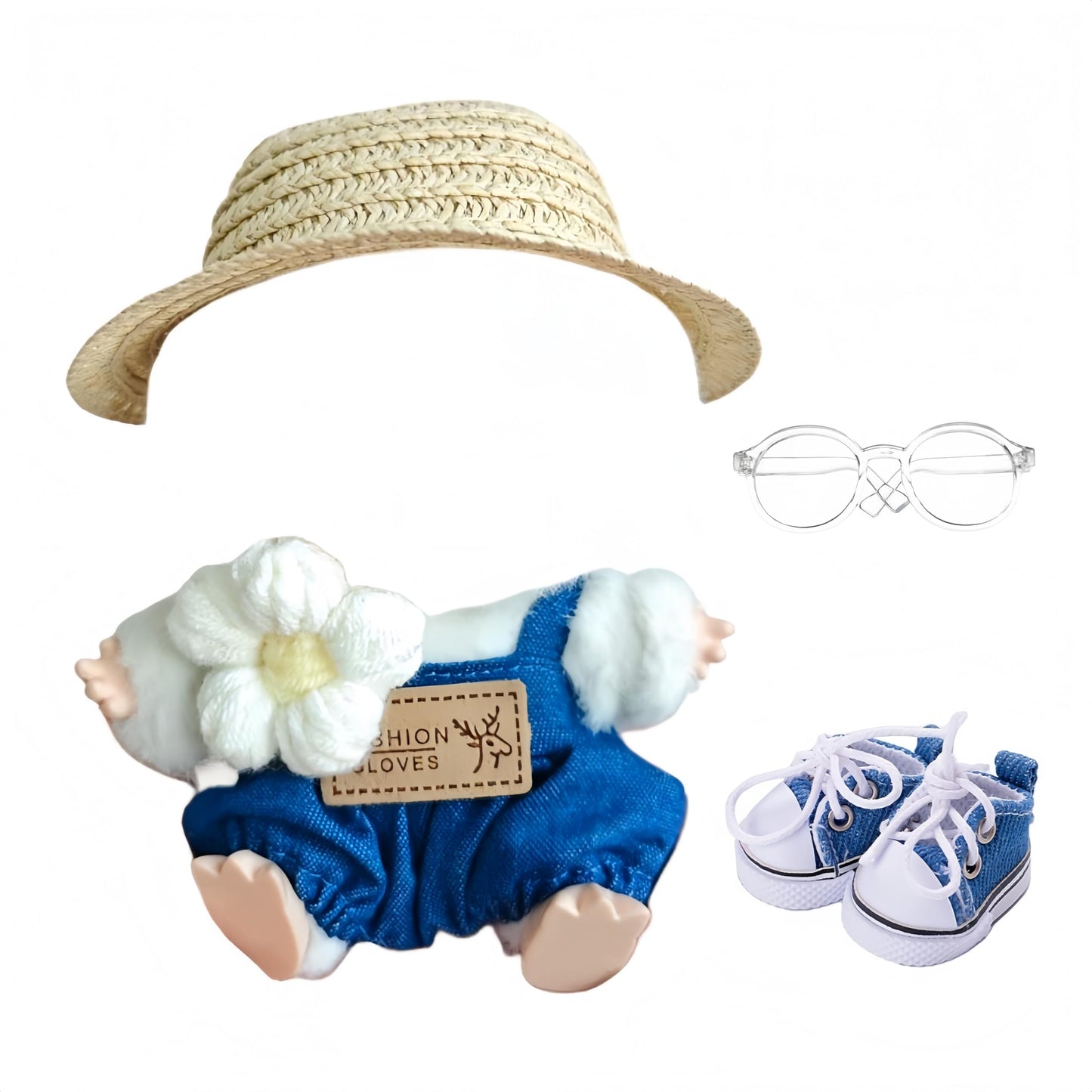 Designer Clothes for 17cm Doll enhanced Dolls Demin Overalls Clothes Cute Doll Outfit Accessories with Denim Overall Flower Pin Glasses Shoes and Straw Hat NZ002
