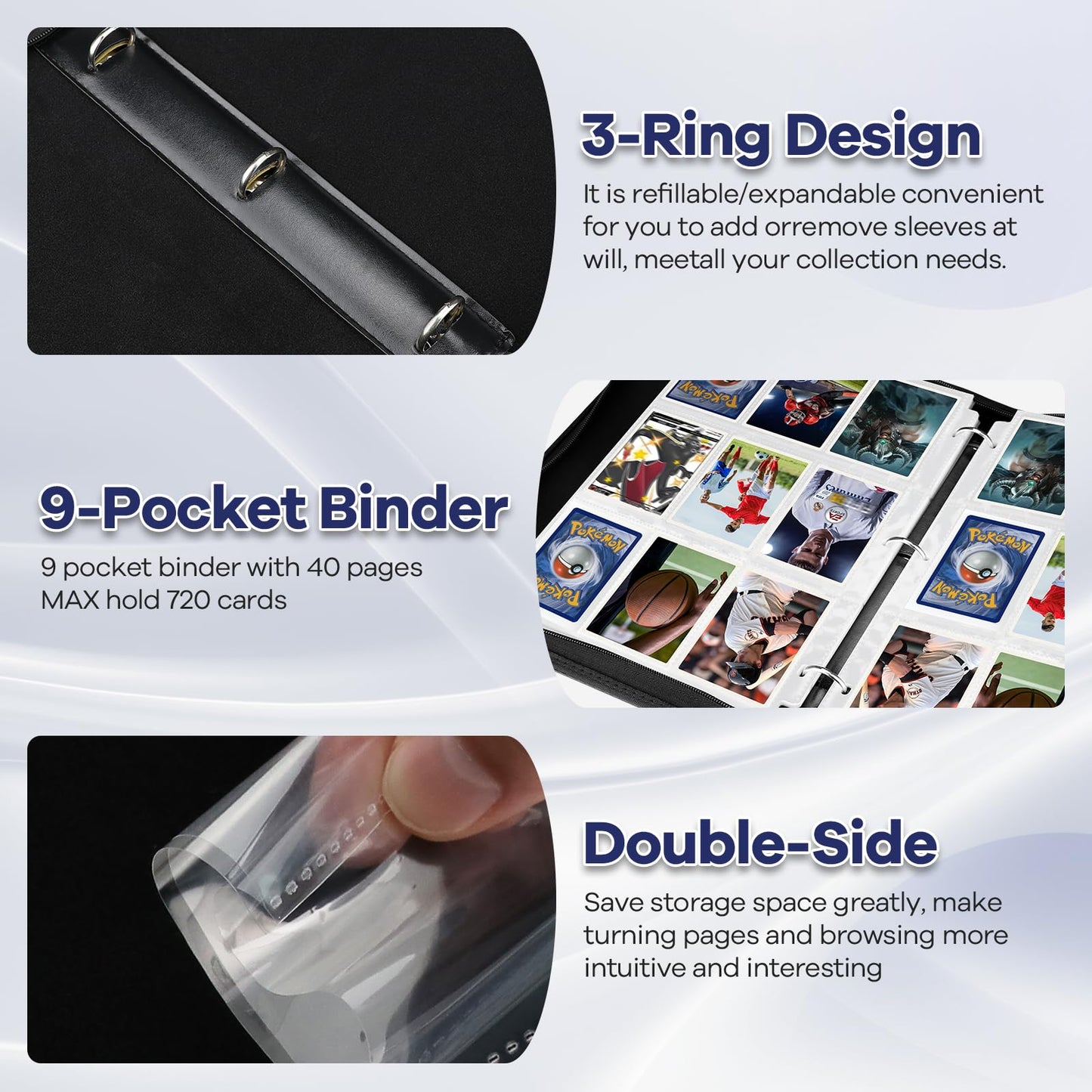 Trading Card Binder with Sleeves 720 Double Sided Pocket Trading Card Binder enhanced 9 Pocket PU Card Collection Binder Collectible Card Albums Card Folder for MTG TCG Sports Cards Game Cards