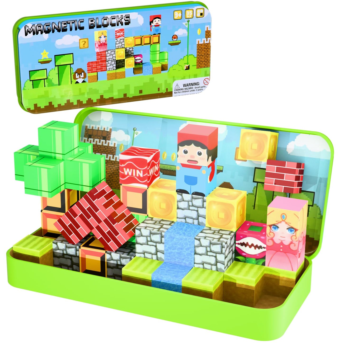 JUBSKIE Mini Magnetic Blocks with Metal Tin, Forest Travel Toys for Kids Ages 4-8, Toddler Stem Learning Set, Portable Building
