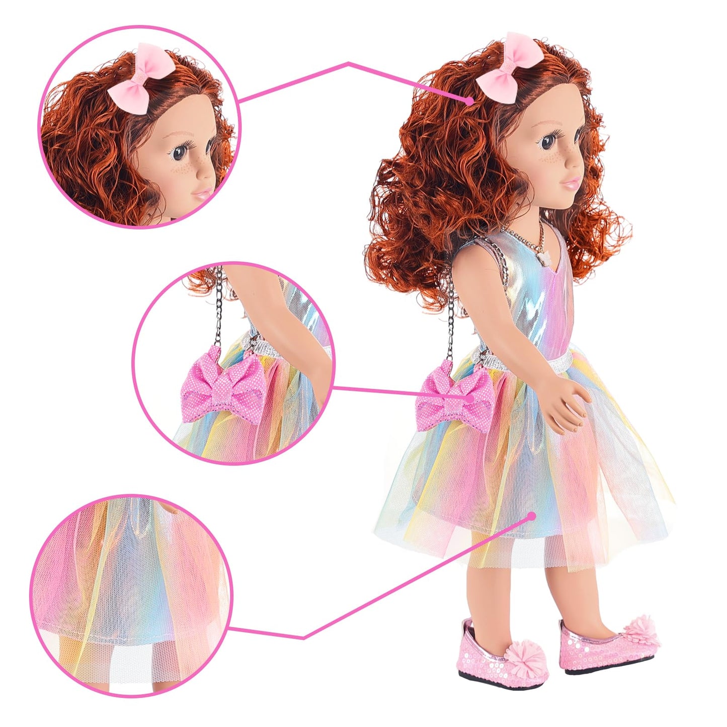 Zita Element 18 Inch American Doll With Doll Clothes And Accessories Including 18 Inch Doll Rainbow Dress Bow Bag Shoes Hairpin Necklace For Kids