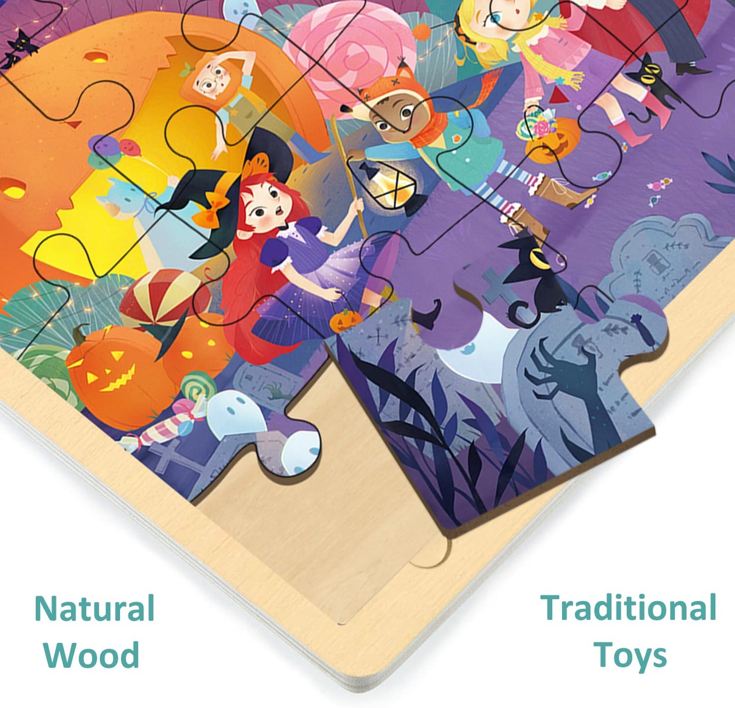 Moinkidz Halloween Puzzle For Kids 3 Year Old, 24 Piece Puzzles For Kids Ages 3-5 Whimsical Halloween Night, Wooden Jigsaw Puzzles For Toddlers, Preschool Puzzles With Puzzle Tray