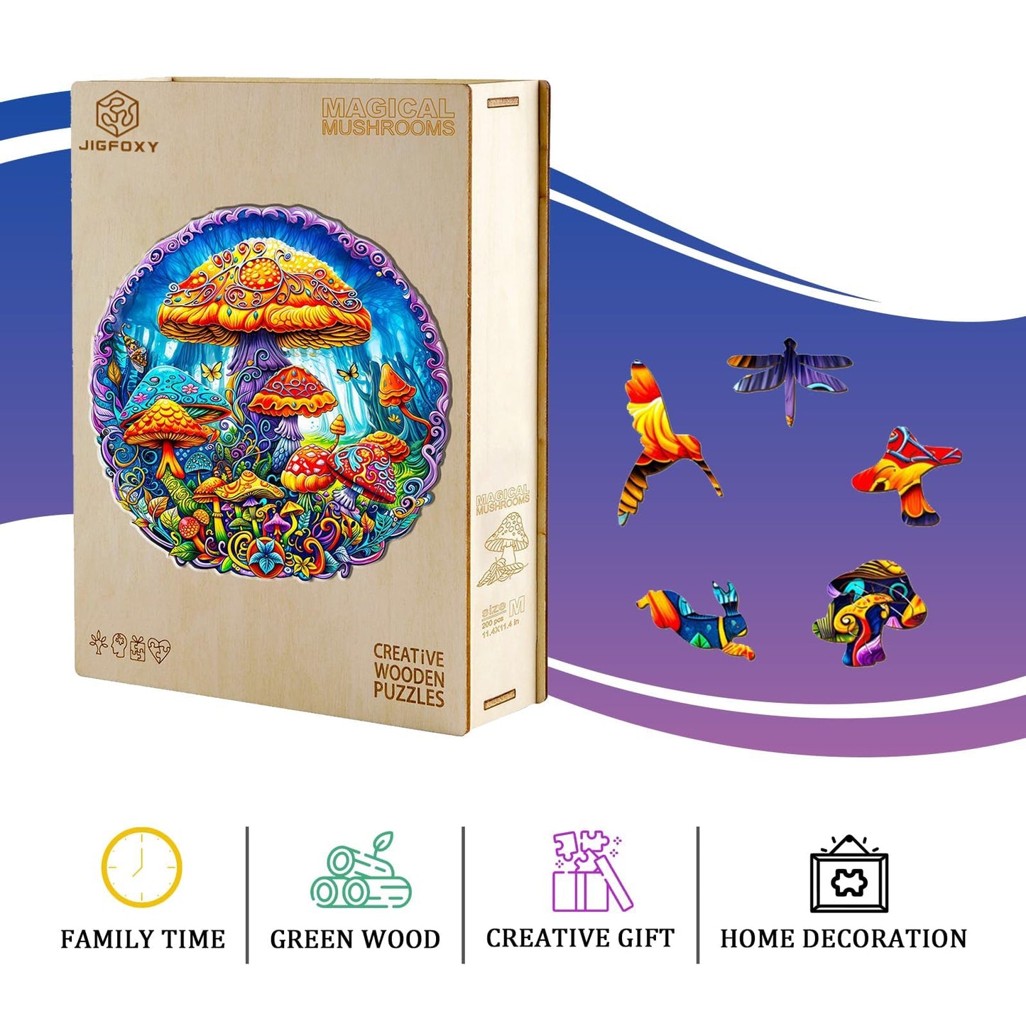 Jigfoxy Wooden Puzzles for mature-themeds Magical Mushrooms Wood Puzzles mature-themed Unique Animal Shape Wooden Jigsaw Puzzles Birthday Gifts for Puzzles Lovers Family Friend (L-13.3 * 13.3in-290pcs)