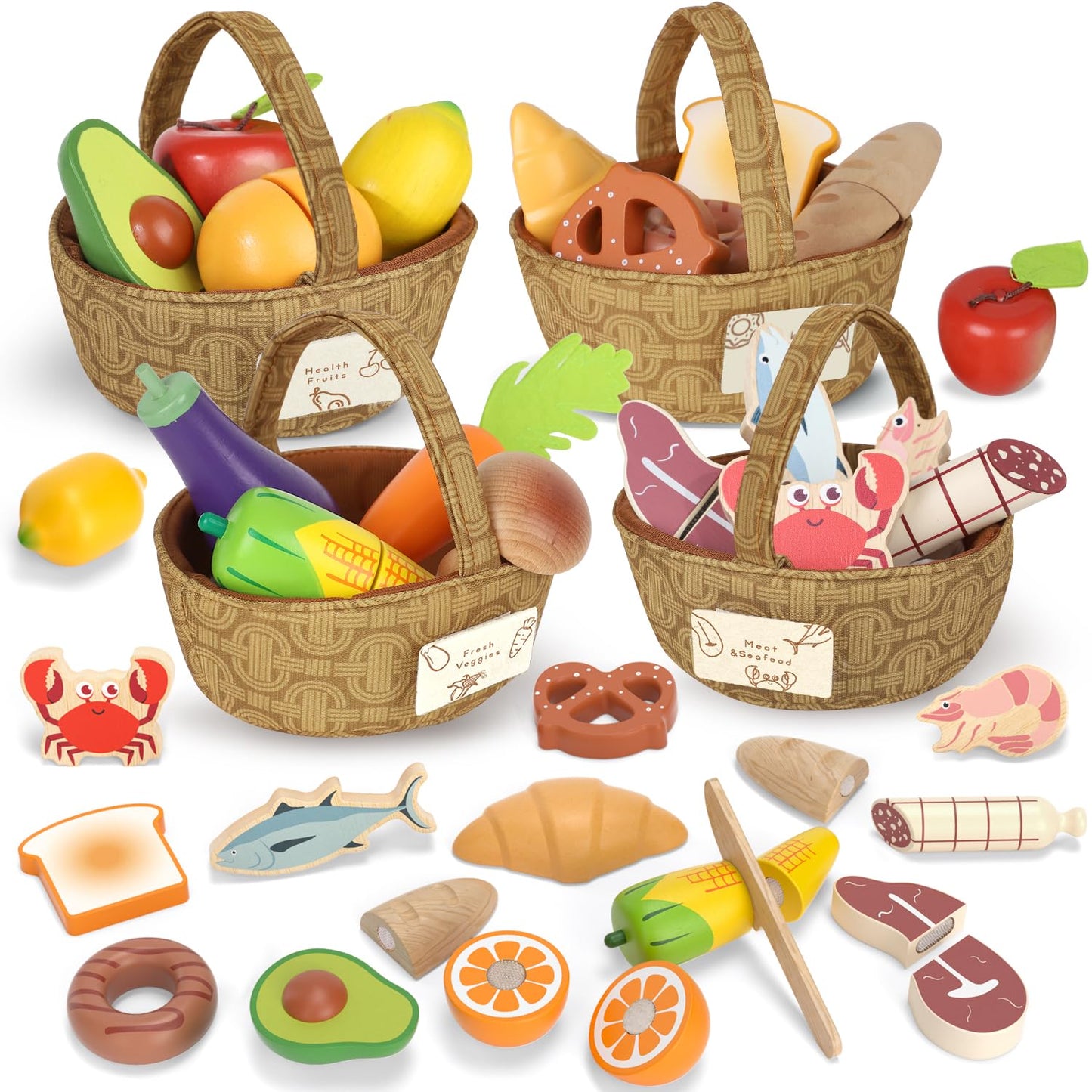 Lehoo Castle Wooden Play Food for Toddlers, Pretend Play Kitchen Accessories, 4 Food Groups, Montessori Sorting Toys for Toddler