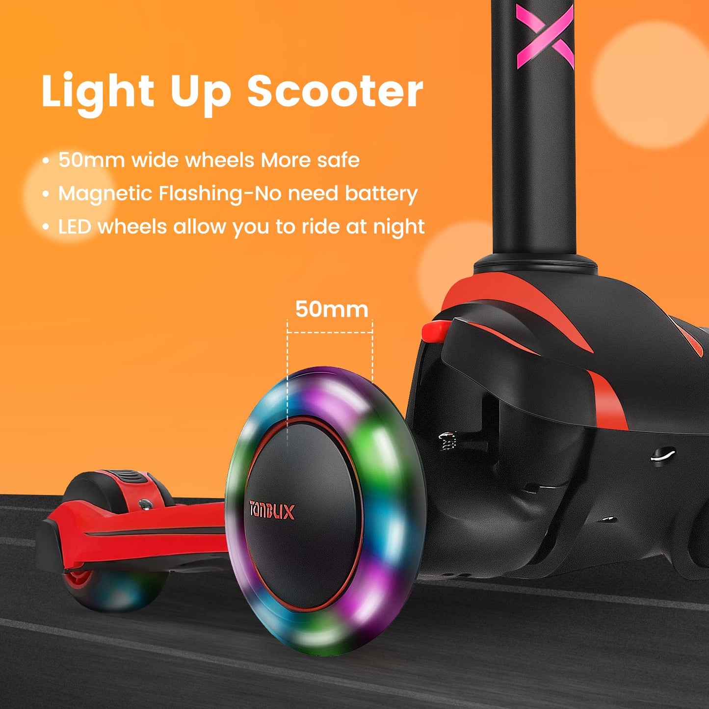 Tonbux Kids Scooter For Age 3-12, Toddler Scooter With 4 Adjustable Heights, Light Up 3-Wheels Scooter, Shock Absorption Design, Lean To Steer, Balance Training Scooter For Kids - Red