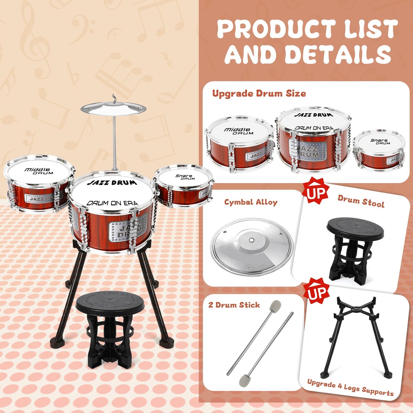 Kids Drum Set Music Toy Drum Set For Toddlers Ages 3-5 Jazz Drum Kit With Stool, 3 Drums Percussion Musical Instruments Toys For 3 4 5 Year Old Boys Girls Gifts