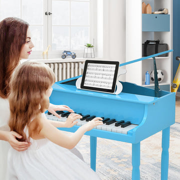 Goplus 30-Key Classical Kids Piano, Mini Grand Piano Wooden Learn-to-Play Musical Instrument Toy with Bench, Piano Lid, Music Ra