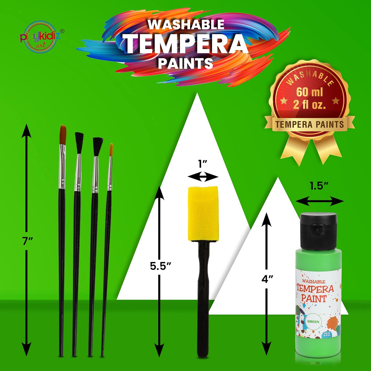Playkidiz Washable Tempera Paints Set of 18 - Non-Toxic Acrylic Paint for Kids, Assorted Colors, Includes Brushes for Crafting and Creativity