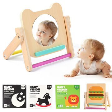 Ieatfo Rotating Baby Safe Mirror With 120 Pages Visual Stimulation Cards - Wooden Tummy Time Mirror Toys - Black White Red And C