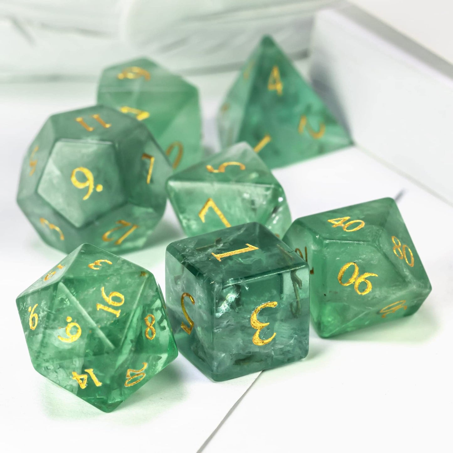 UDIXI Natural Gemstone Dice Set 7PCS Green Fluorite Crystal Stone DND Dice with Gift Case for Dungeons and Dragons Role Playing