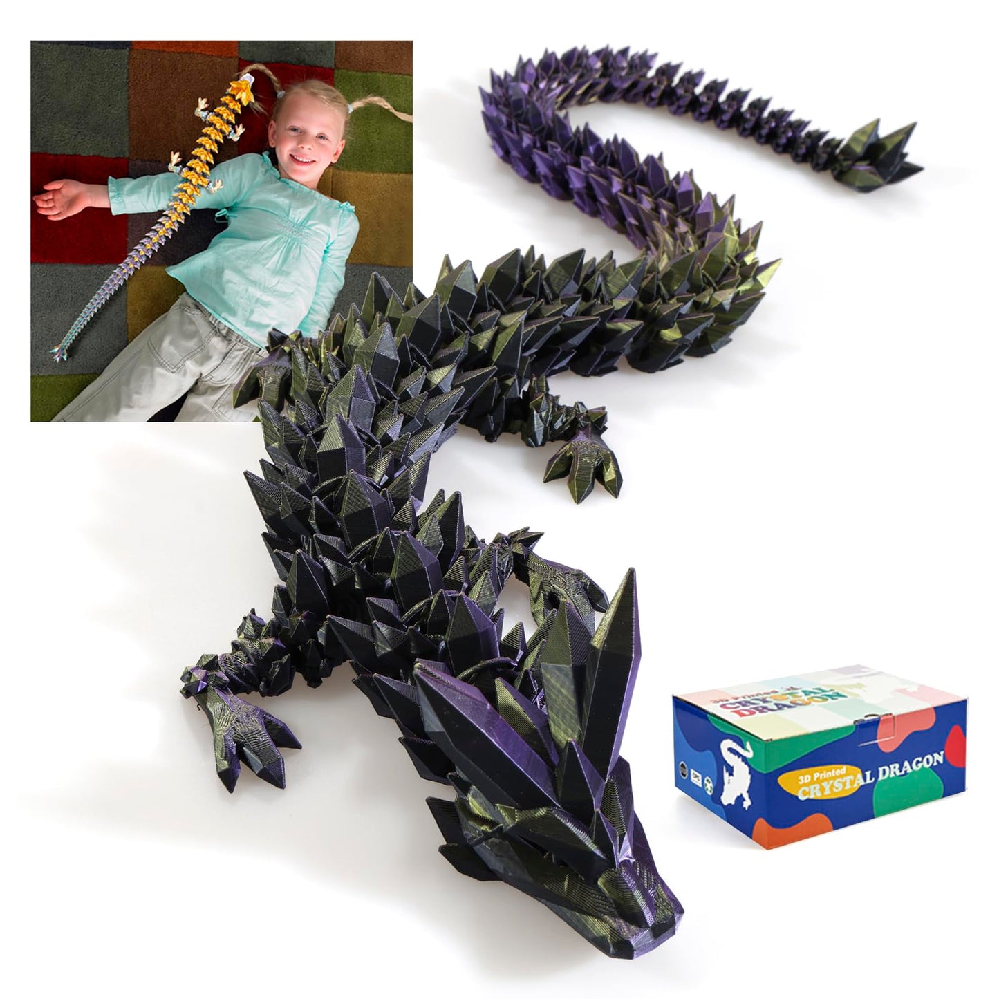 Meet Gladness 30 In 3D Printed Dragon, 30Inch Dragon,3D Dragon Toy,Large Dragon Present,Ariculated Crystal Dragon(Black Purple G