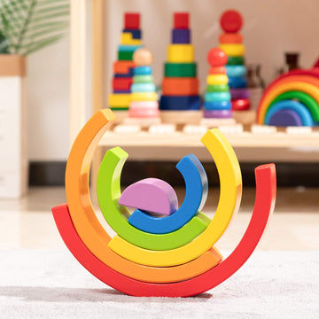 MERRYHEART Wooden Rainbow Stacking Toy, Small Wooden Rainbow Stacker, 6 Piece Rainbow Stacking Toy for Baby/Toddlers/Kids, Monte