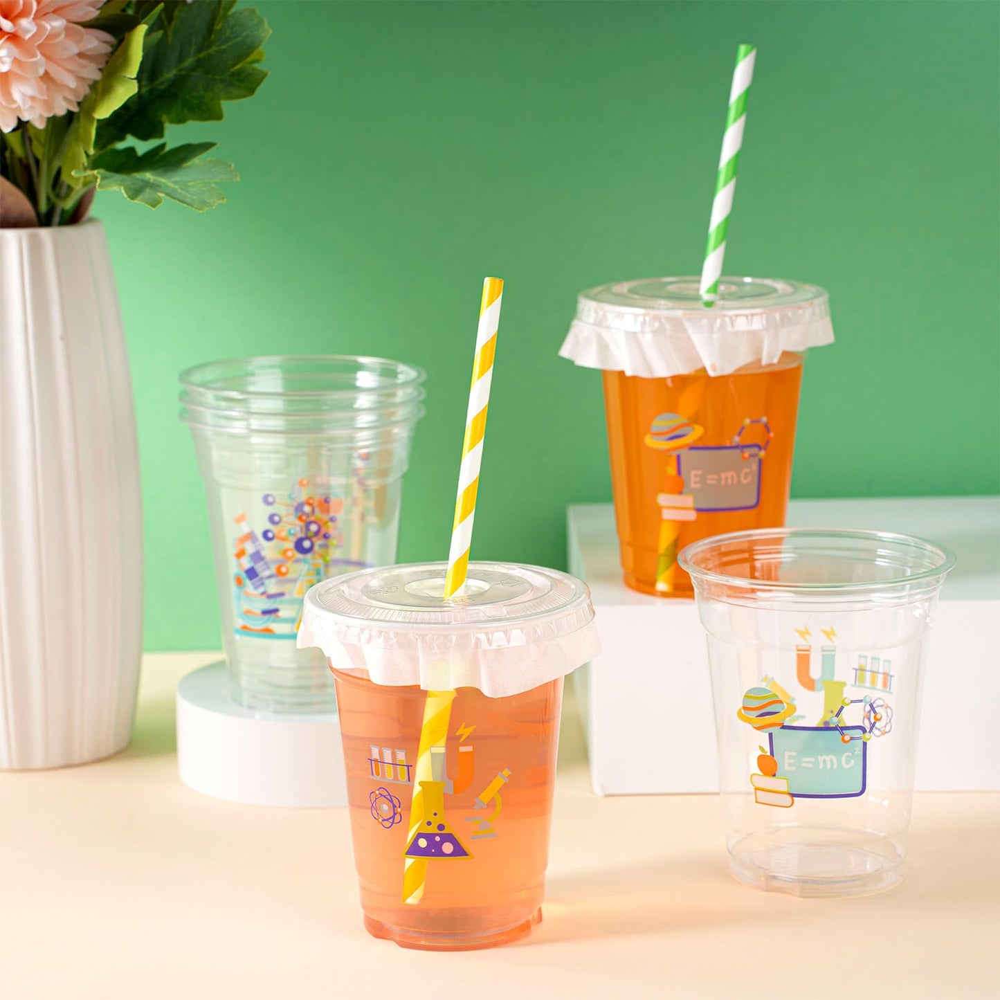 Foldtier 50 Pcs Science Cups 12 Oz Disposable Plastic Cups With Straws And Lids Science Clear Cup Birthday Cups Supplies Birthda