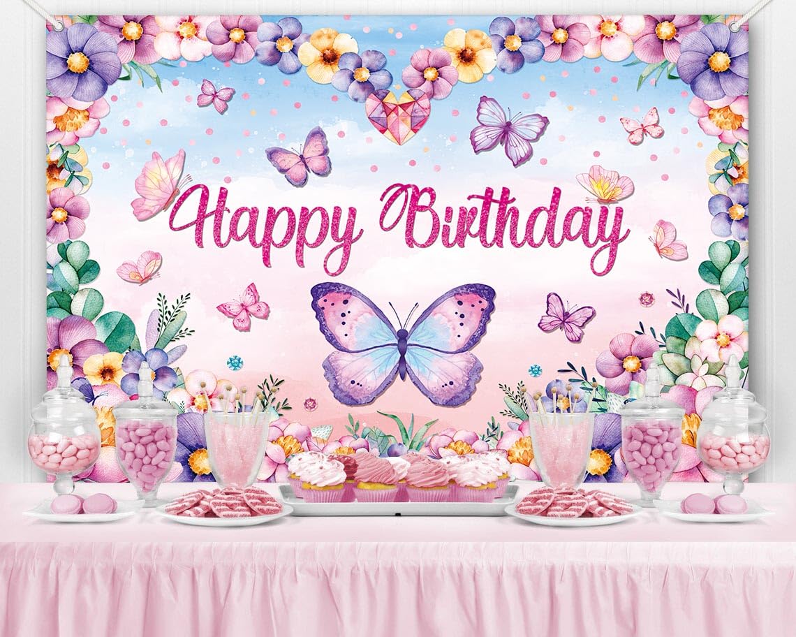 LDWLYW Butterfly Birthday Backdrop Butterfly Happy Birthday Banner for Women Kids Girl Pink Purple Butterfly Birthday Party Deco