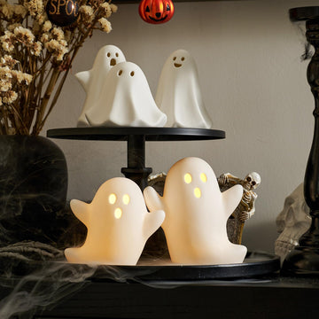 WDS WONDROUS Halloween Decorations Light Up Ghost Figurines Set of 2, White Floating Ghost Statues with LED, Ceramic Cute Hallow