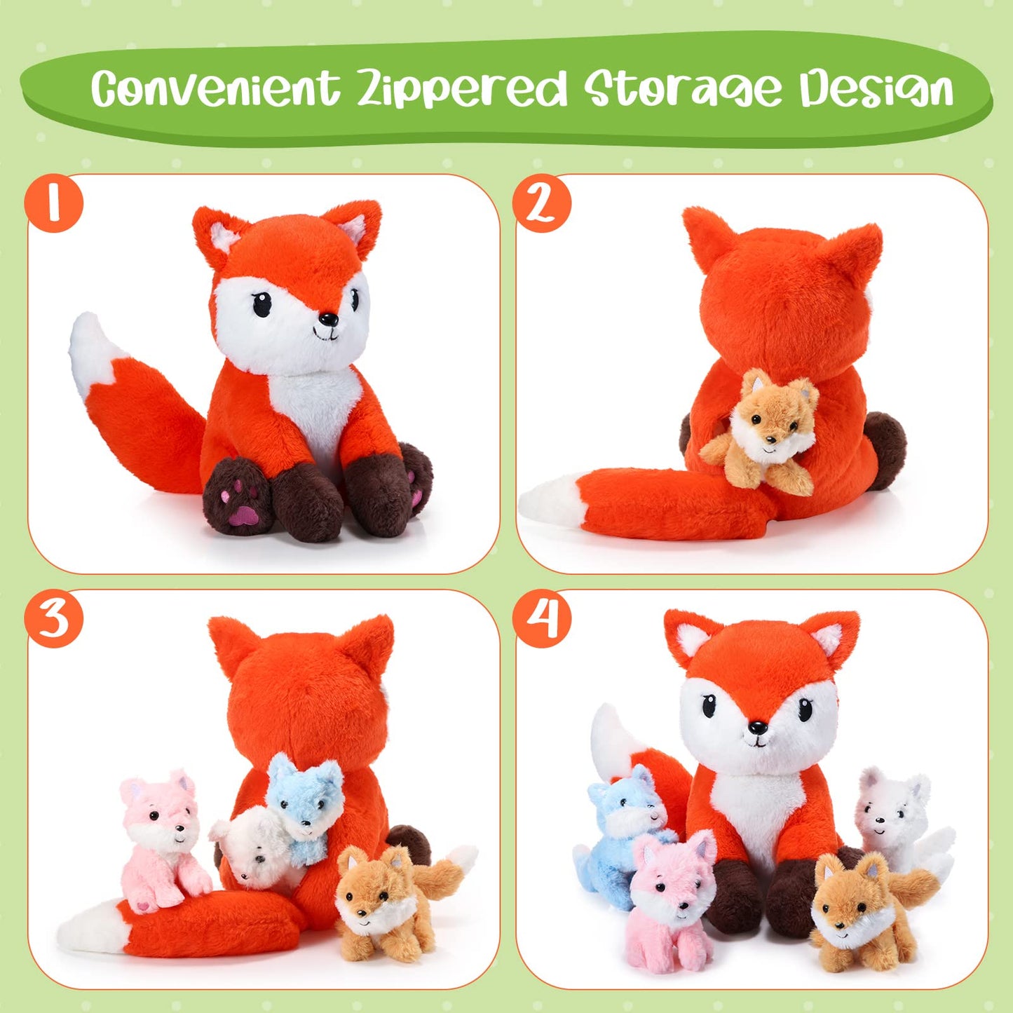 Hydren 5 Pcs Fox Plush Toy Set 14 Inch Mommy Fox Stuffed Animal With 4 Cute Plush Baby Foxes In Tummy Soft Cuddly Fox Plushies F