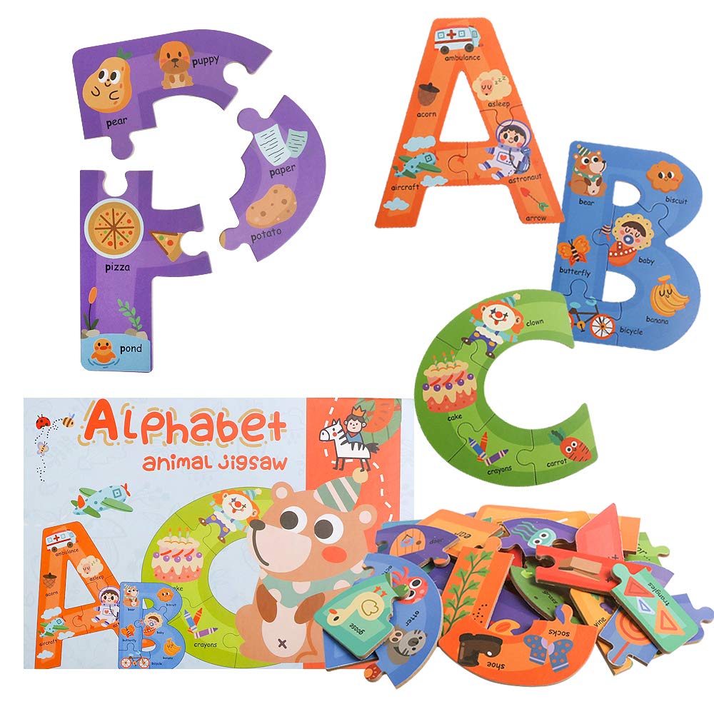 Wooden Jumbo Alphabet Abc Letter Toddler Puzzles Color Shape Animals Recognition Montessori Stem Jigsaw Preschool Learning Educational Toy For Kids 3 4 5 Years Old Boys Girls