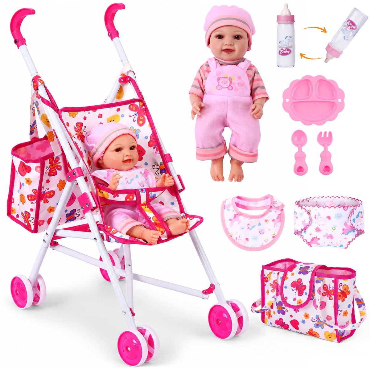 BABESIDE Baby Doll Stroller with 12Inch Doll and Baby Doll Accessories Set