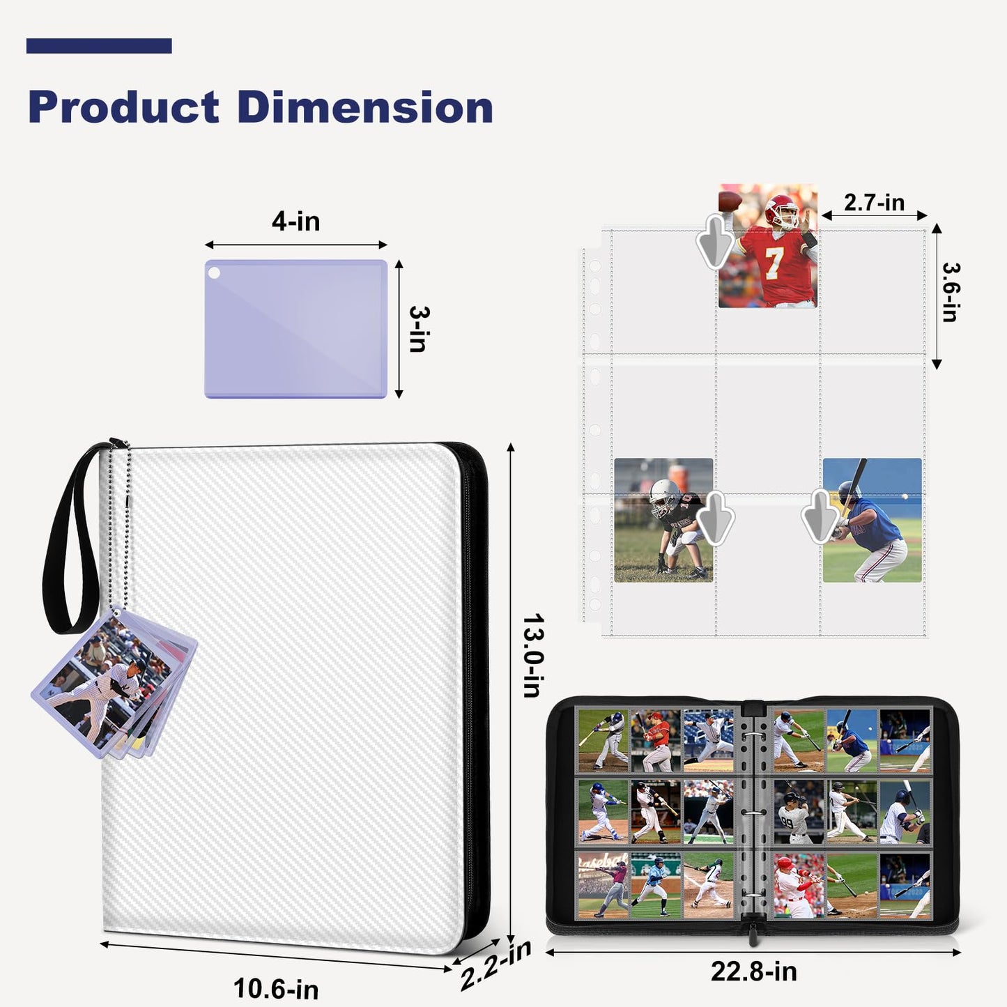 Mlikero Trading Card Binder 9 Pocket Card Binder with Card Display 720 Double Sided Pocket Sports Card Binder enhanced Card Binders Compatible with MTG TCG Baseball Cards(White)
