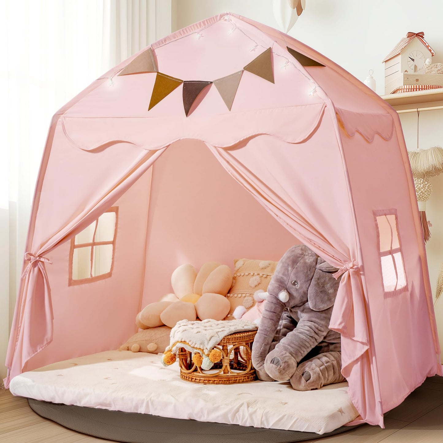 Extra Large Toddler Bed Tent & Kids Play Tent Bed Tent With Flags & Star Lights, Portable & Foldable Teepee, Indoor Outdoor Dome