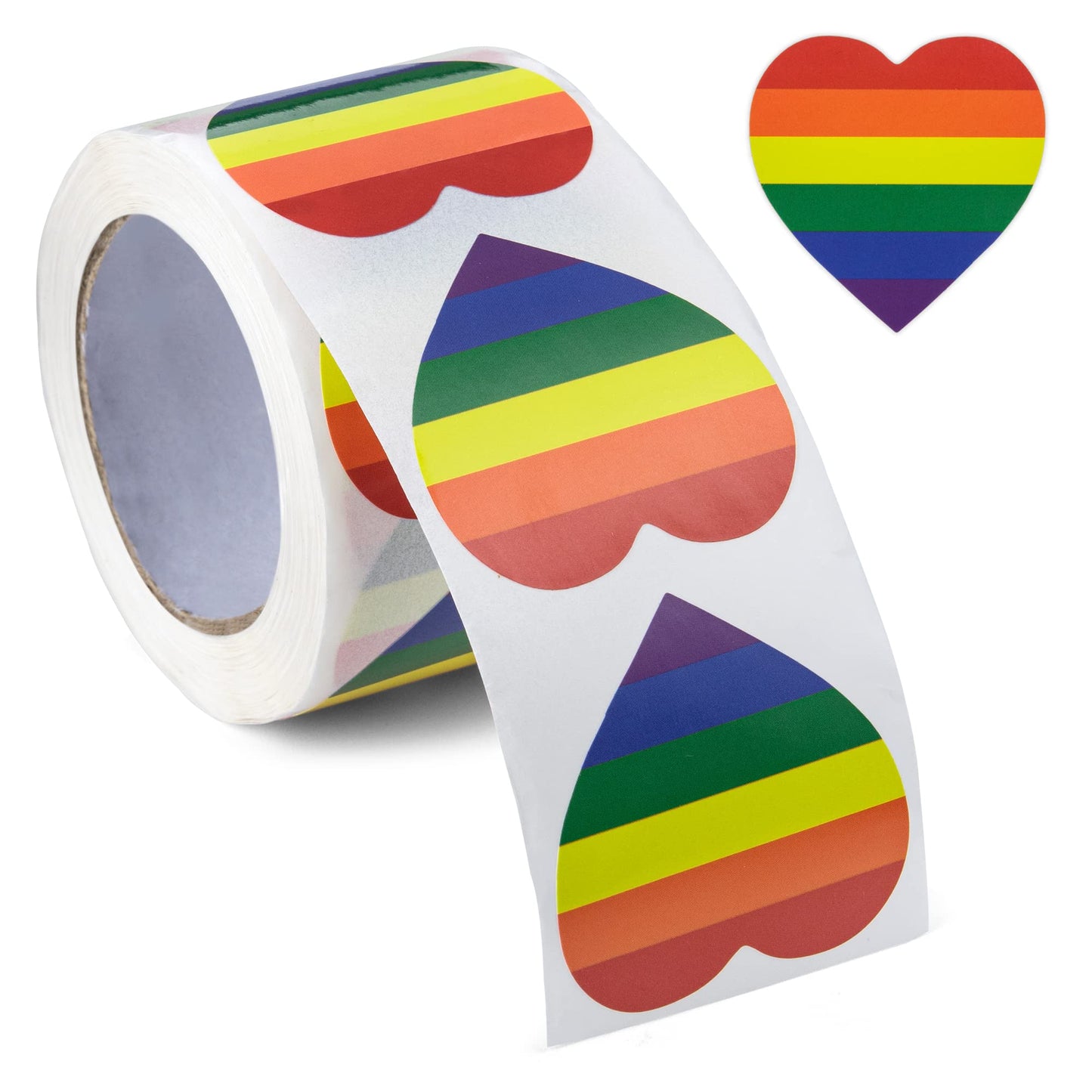 250 Rainbow Stripe Heart Stickers for LGBTQ Pride Parades and Events | Rainbow Flag Heart Shaped Stickers on a Roll
