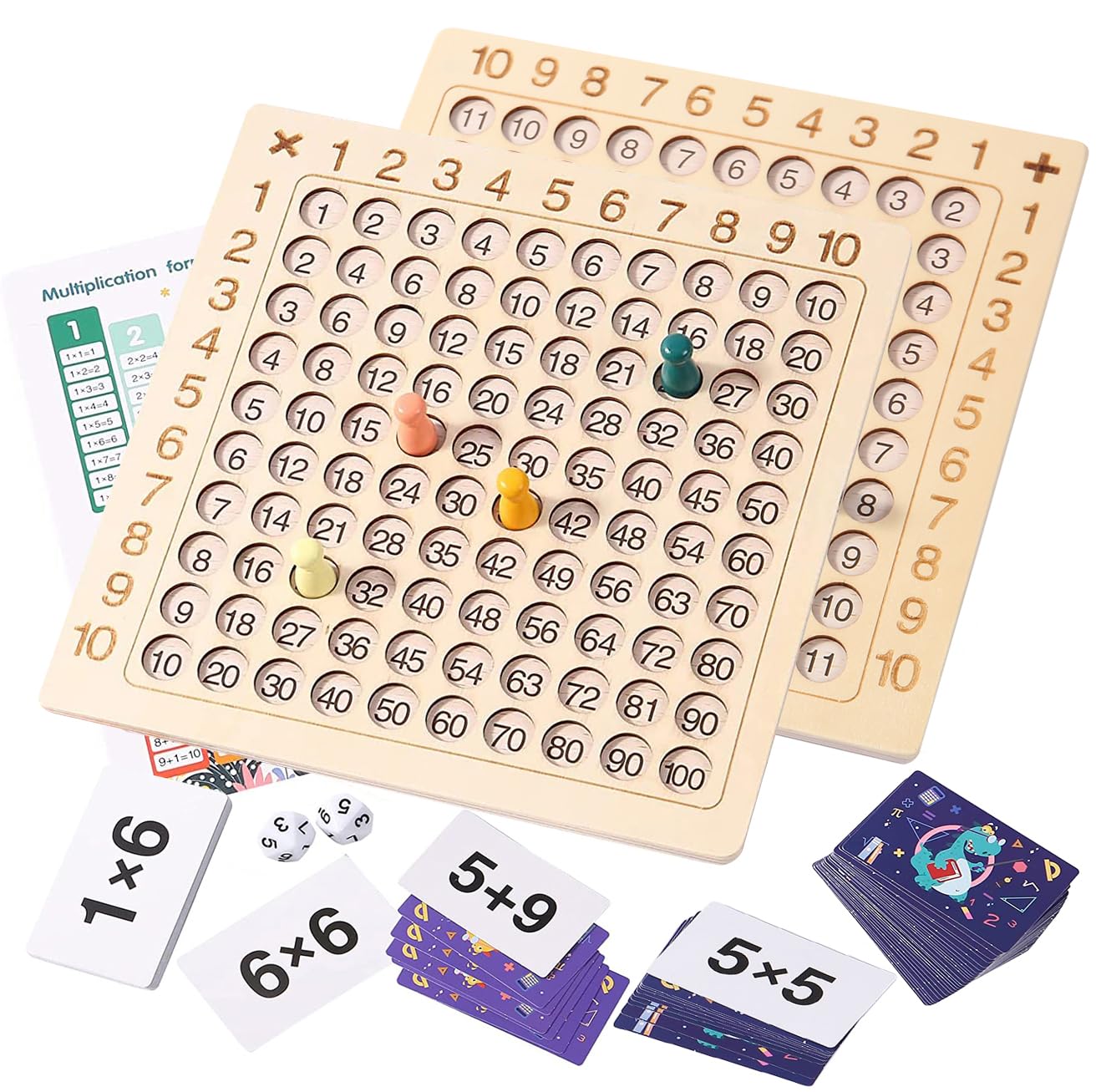2 In 1 Multiplication Addition Math Board Game For Kids - Wooden Montessori Math Toys For Girls Boys 4 5 6 7 8 9 Years Old Wood Double Sided Board Table Dice Card Games For Family