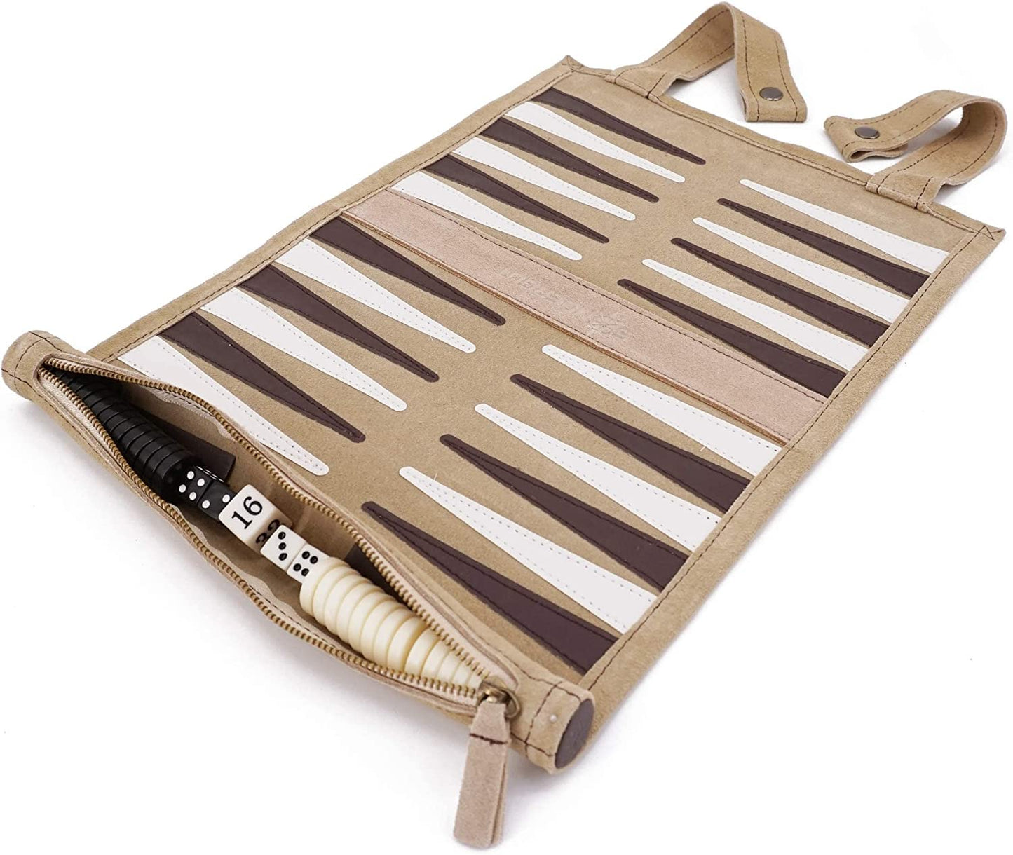 Sondergut Roll-Up Portable Suede Backgammon Game Set - Ideal For Rv Travel, Cruise, Airplane, Camping, Backpacking, Road Trips, Etc. Multiple Colors (Cream)