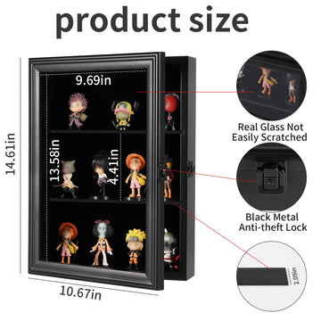Verani Action Figure Display Case - Wall Mount Wood Cabinet For Minifigures Action Figures - Lockable Black Lock With Real Glass