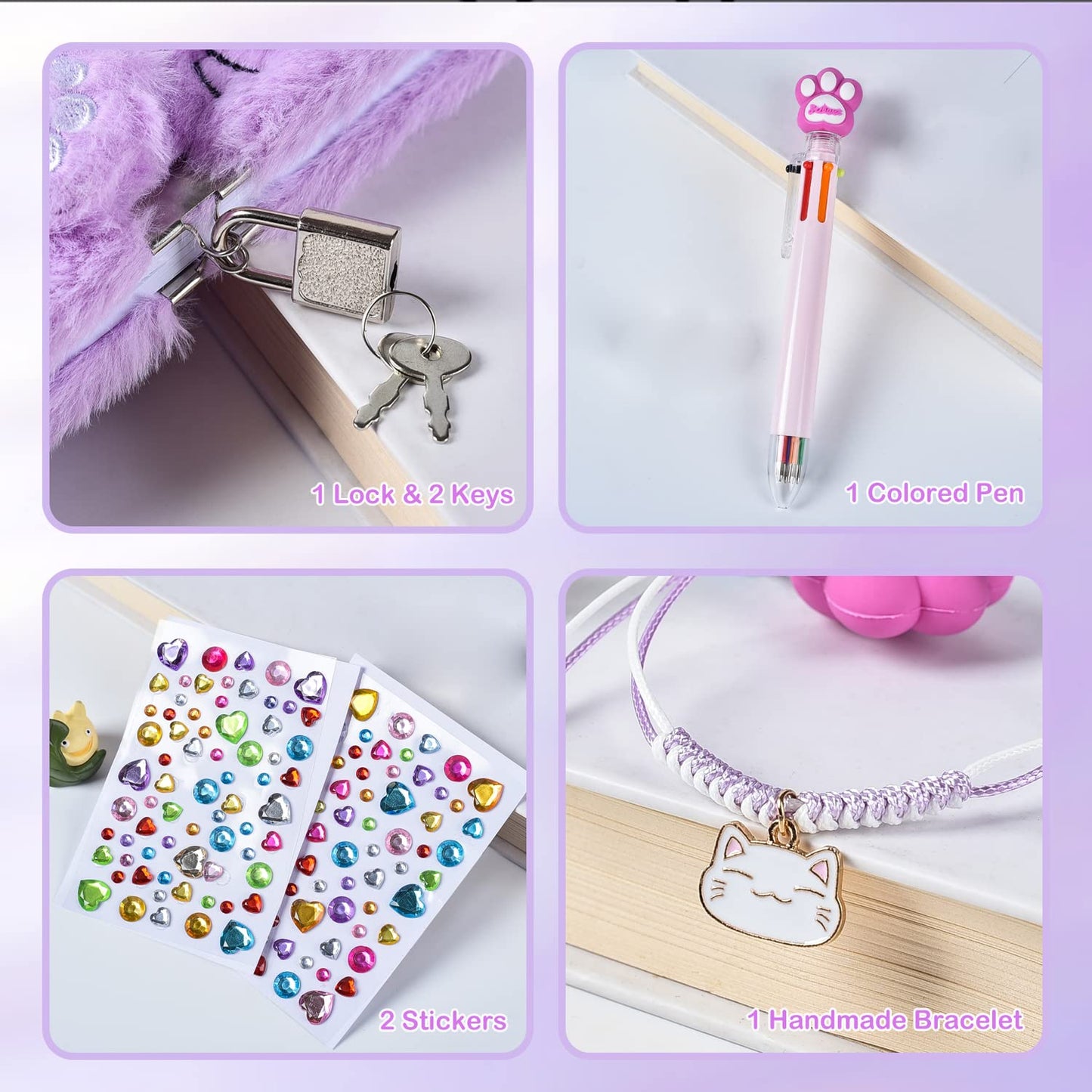 Pjdrllc Diary For Girls With Lock And Keys, Kids Journal Travel Notebook For Writing, Cute Secret Diary With Multicolored Pen, Stickers, Bracelet, Practical Gift For Birthday, Easter (A Cute Cat)